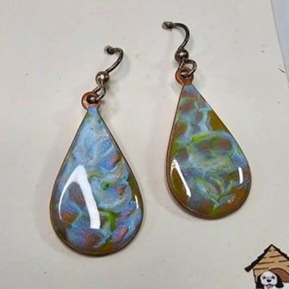 Lucky Dog Studios Copper Enamel Swirl Teardrop Earrings Handmade Charlotte, NC - Picture 2 of 4